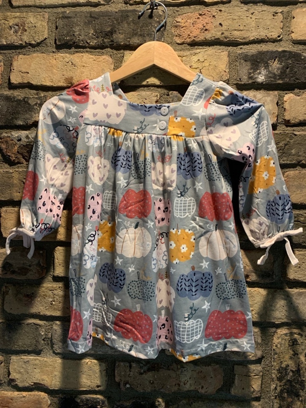 Girls boutique Pumpkin Print Dress Long Sleeve Tie Cuffs Fall Autumn outfit sz 2